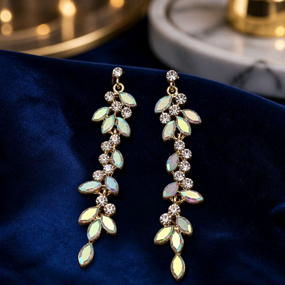 Rhinestone Crystal Aurora Borealis Vine Dangle 3" Earrings